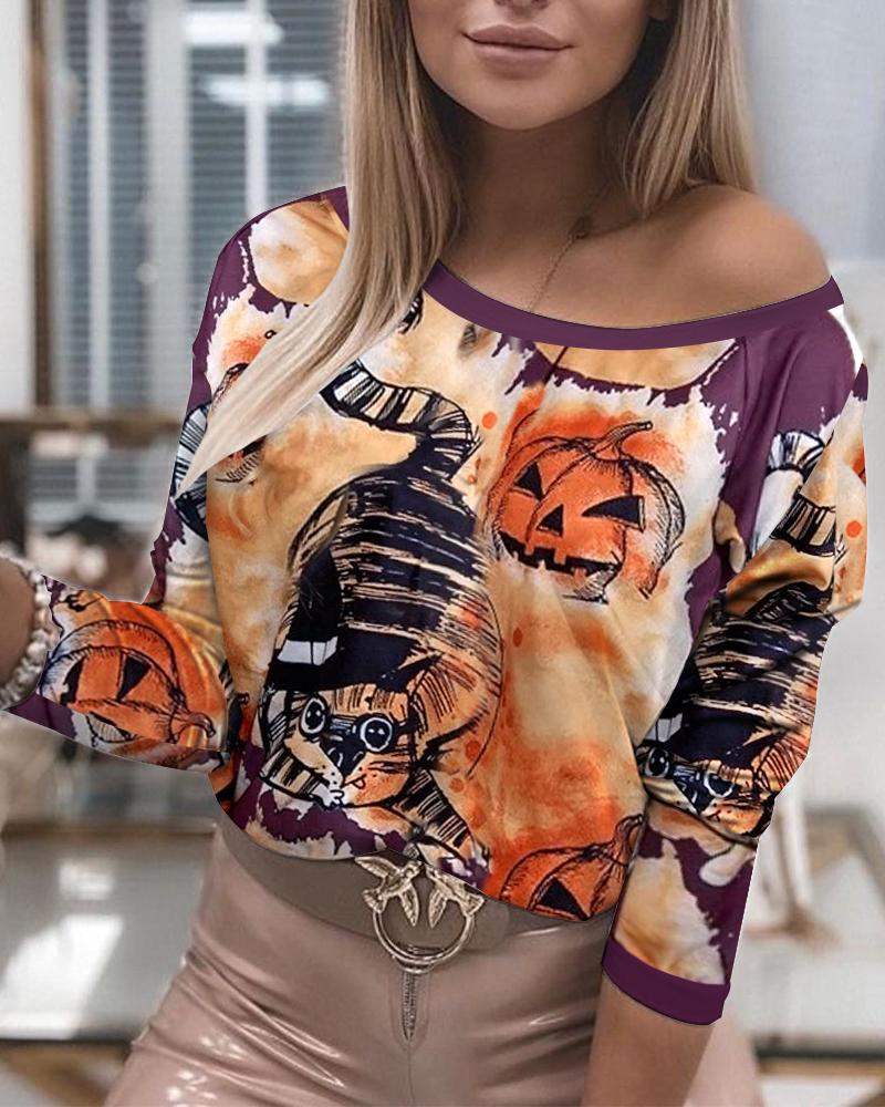 

Halloween Print Long Sleeve Top, Purple