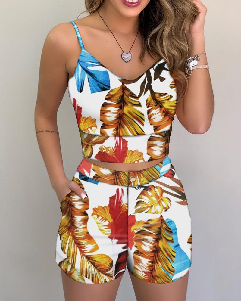

Tropical Print Spaghetti Strap V-neck Top & Shorts Sets, Multicolor