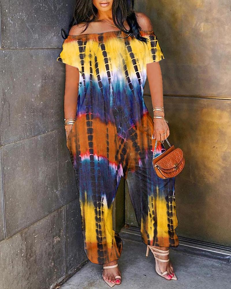 

Off Shoulder Tie Dye Print Colorblock Jumpsuit, Yellow