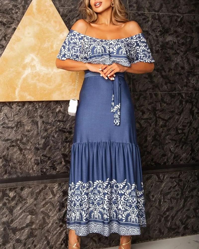 

Baroque Print Off Shoulder Maxi Dress, Blue