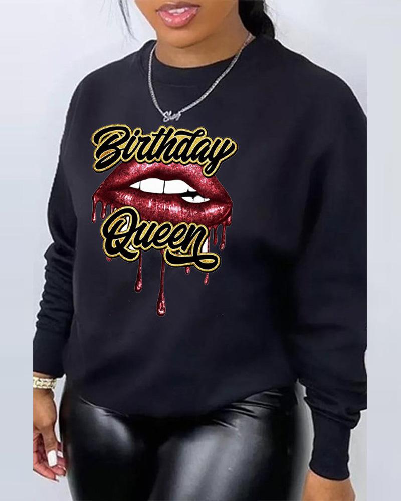 

Plus Size Letter Lip Print Long Sleeve Sweatshirt, Black