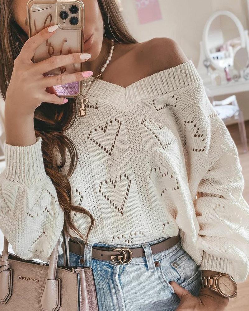 

Heart Jacquard Rib-knit Sweater, Apricot