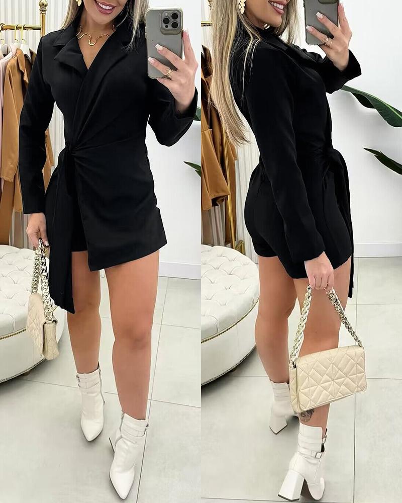 

Mameluco estilo blazer 2 en 1 cruzado con detalle anudado y cuello con muescas, Black