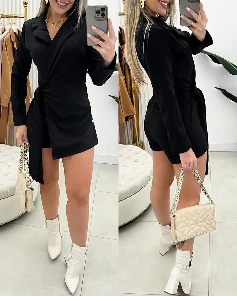 

Notched Collar Tied Detail Wrap 2-in-1 Blazer Romper, Black