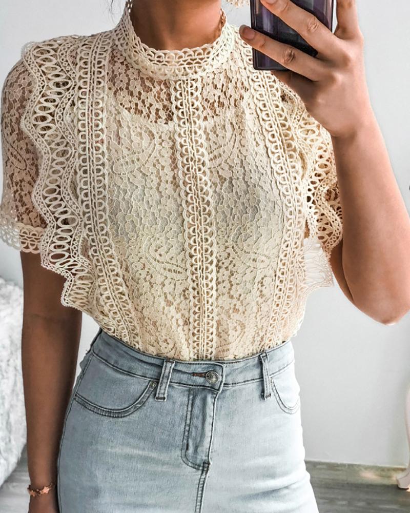 

Guipure Lace Short Sleeve Top, Beige