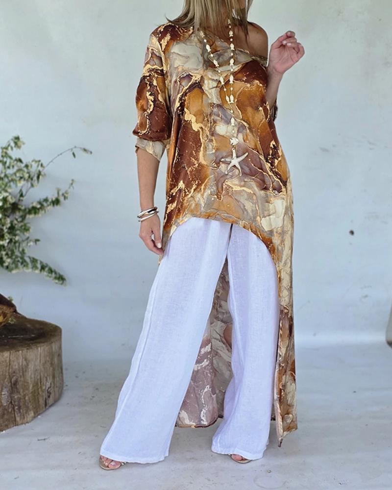 

Blusa informal holgada con hombros descubiertos, manga tres cuartos y estampado de mármol, dobladillo asimétrico, Dark yellow