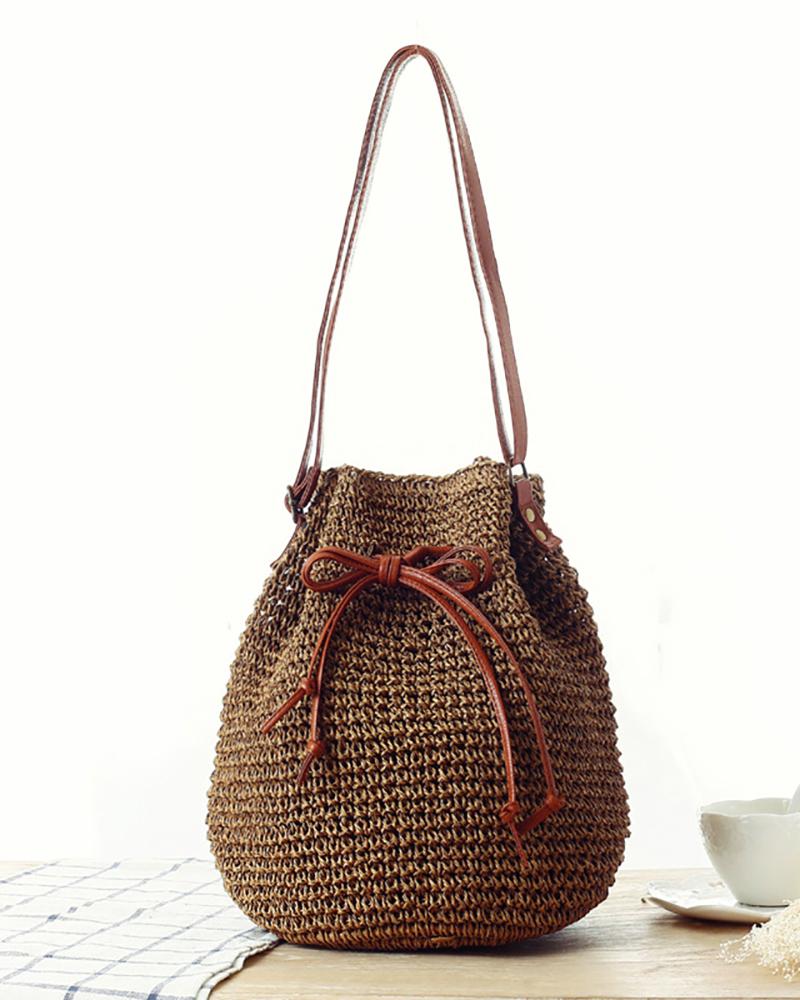 

Braided Drawstring Casual Bucket Beach Bag, Brown