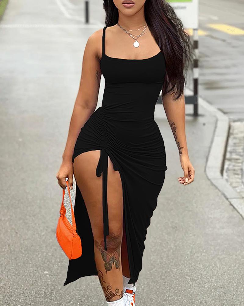 

Drawstring Slit Spaghetti Strap Bodycon Dress, Black