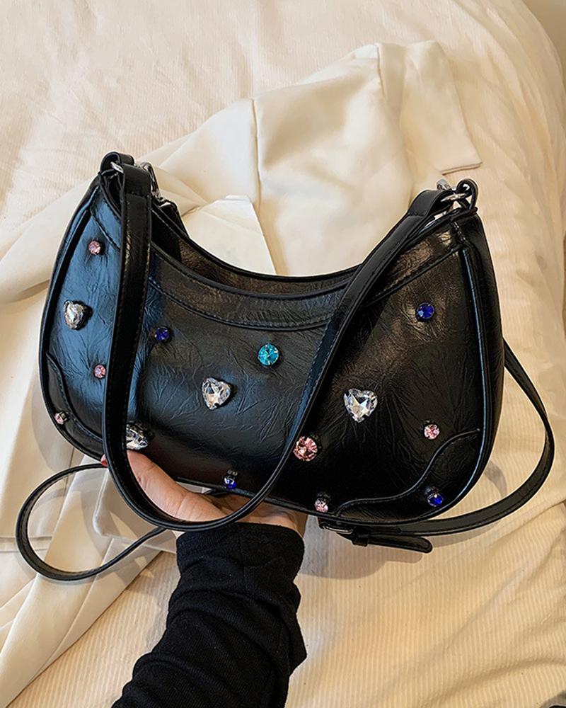 

Heart Rhinestone Decor Zipper Design Crossbody Bag, Black