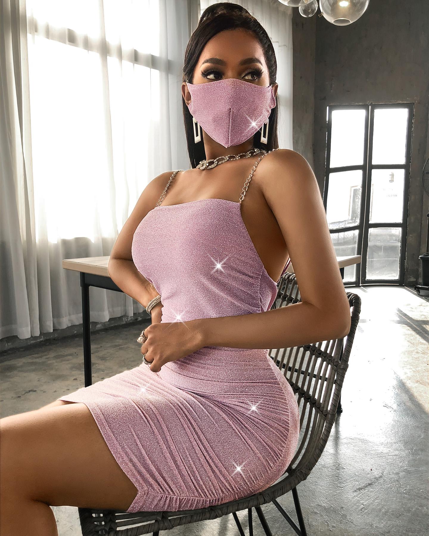

Studded Spaghetti Strap Glitter Ruched Bodycon Dress, Pink