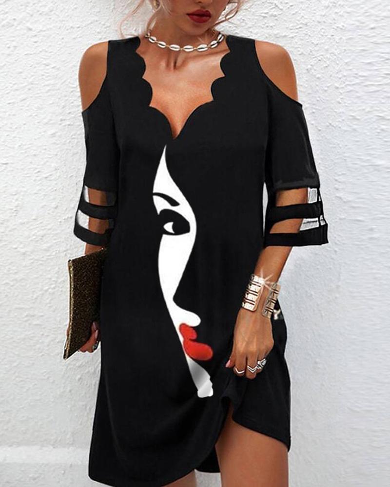 

Cold Shoulder Figure Print Casual Dress, Black