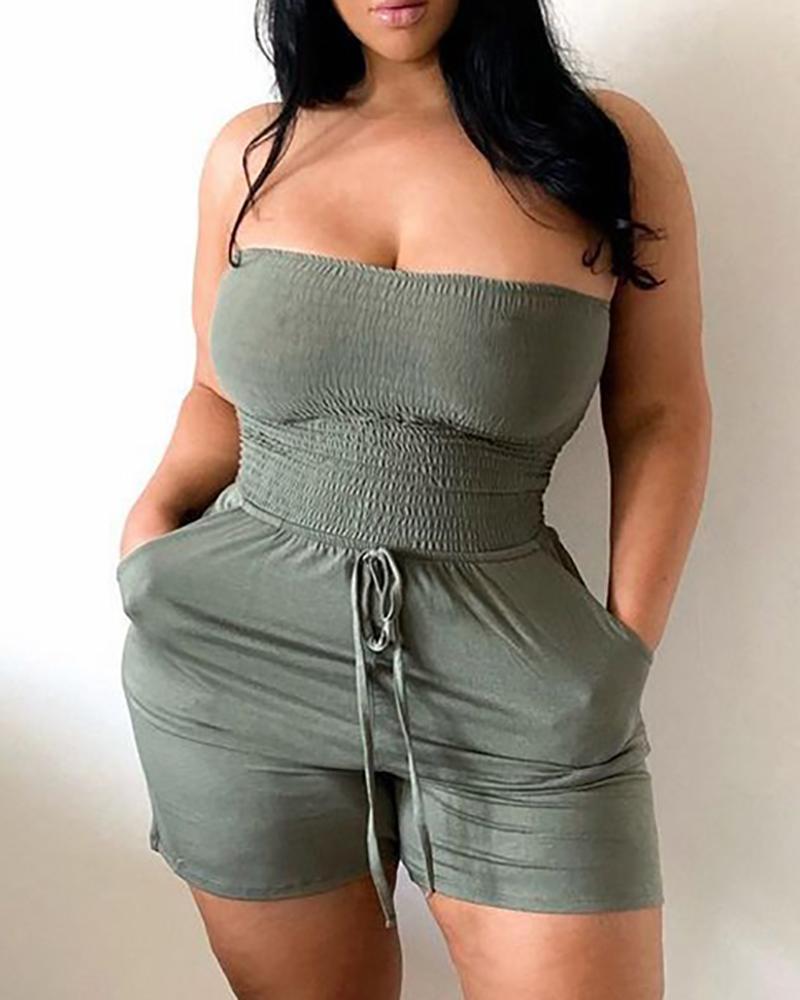 

Dual Pocket Bandeau Drawstring Rompers, Green