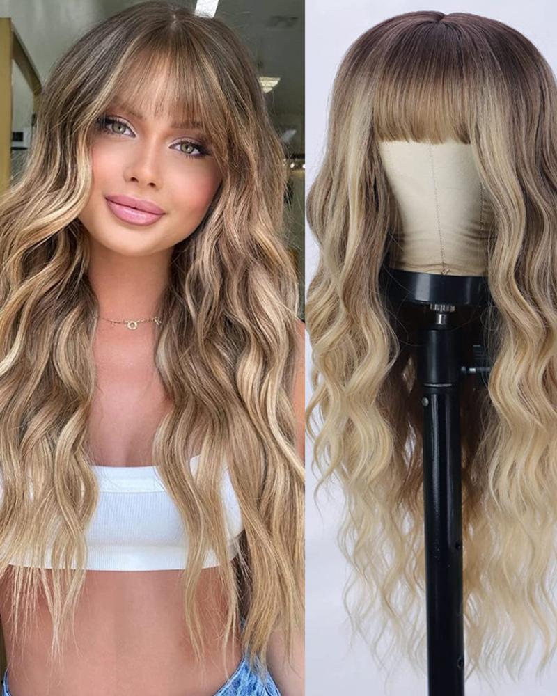 

Highlight Ombre Body Wave Long Synthetic Hair Wig With Bangs, Brown