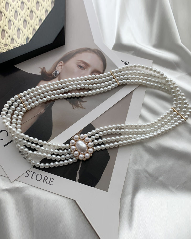 

1pc Layered Pearls Elastic Belt, White