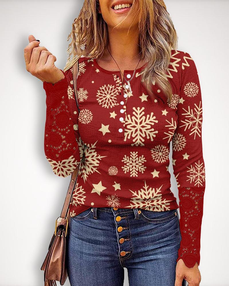 

Christmas Print Button Front Lace Patch Long Sleeve Top, Style1