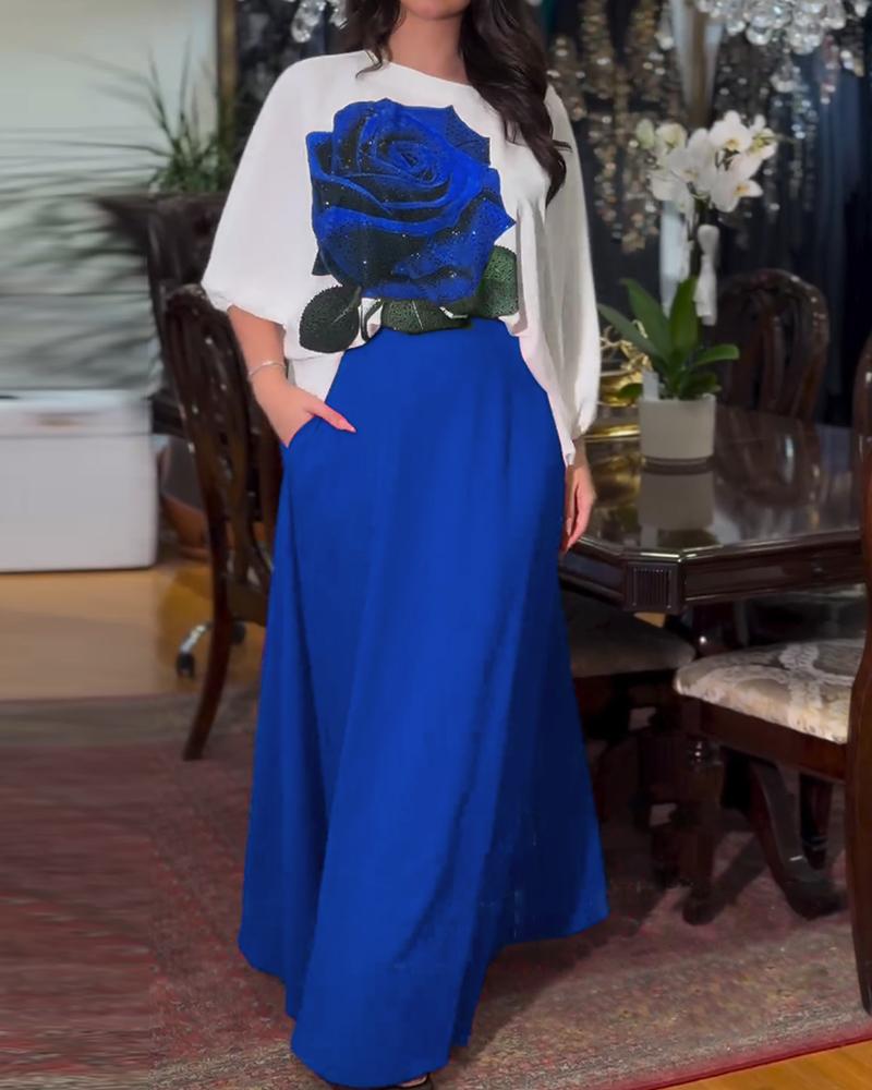 

Conjunto de falda y top con mangas farol y diamantes de imitación con estampado de rosas, Blue