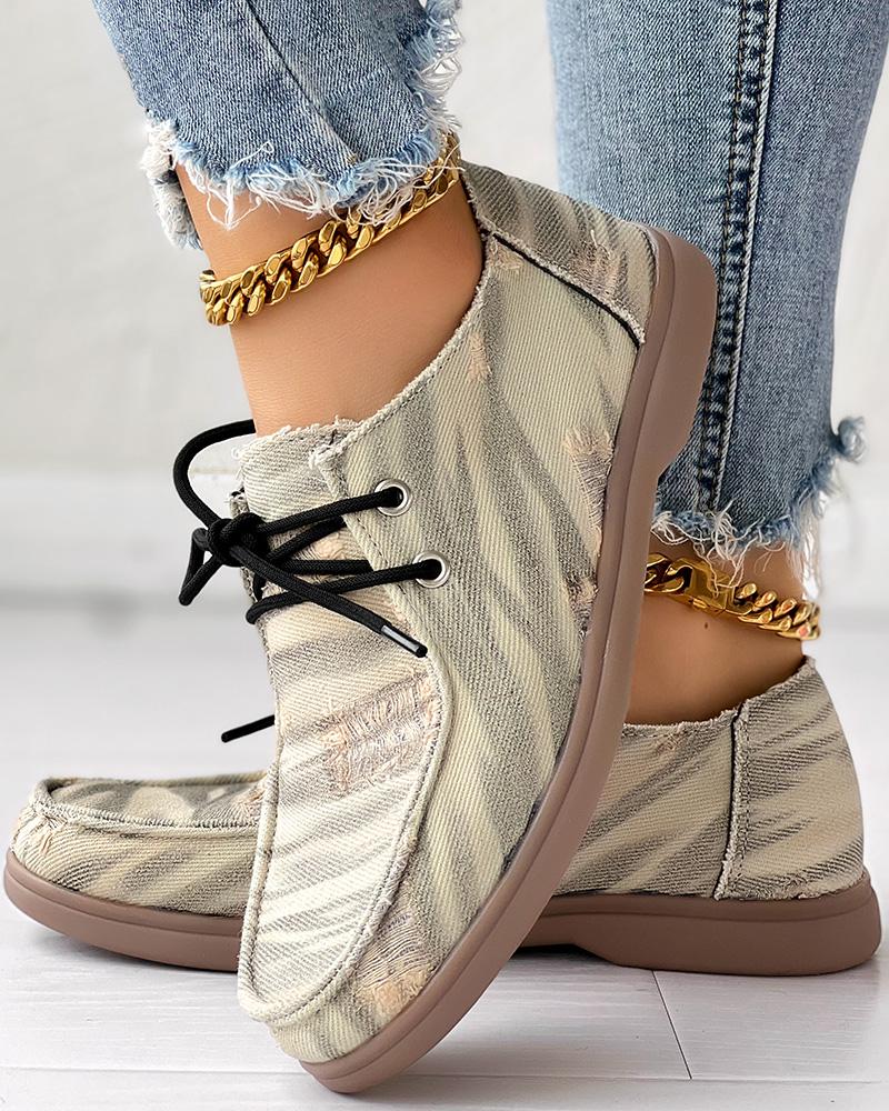 

Zebra Stripe Print Lace-up Slip-On Loafers, Beige