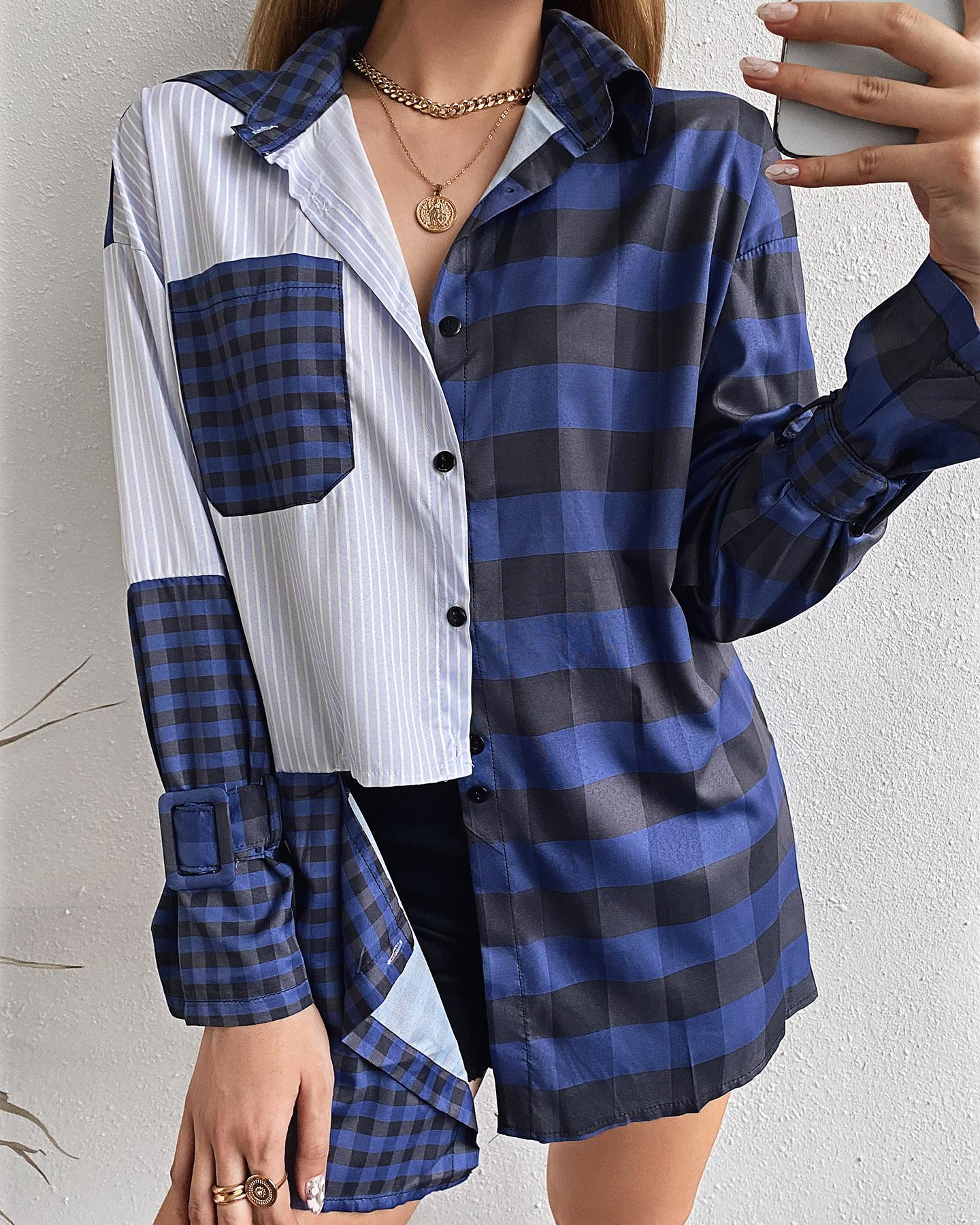 

Plaid Print Striped Colorblock Buttoned Shirt, Black