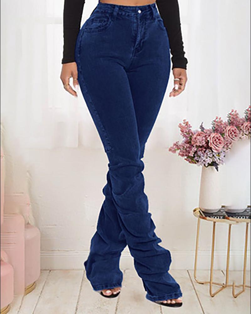 

High Wait Single Button Ruched Jeans, Blue