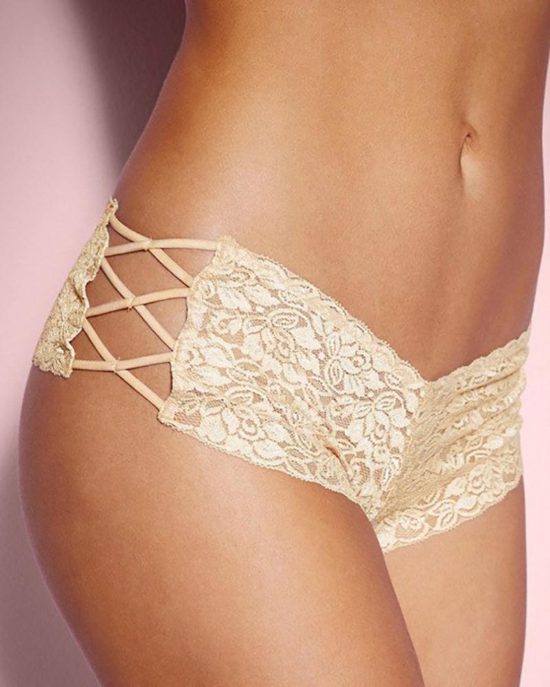 

Side Lace-up Crochet Lace Panty, Nude