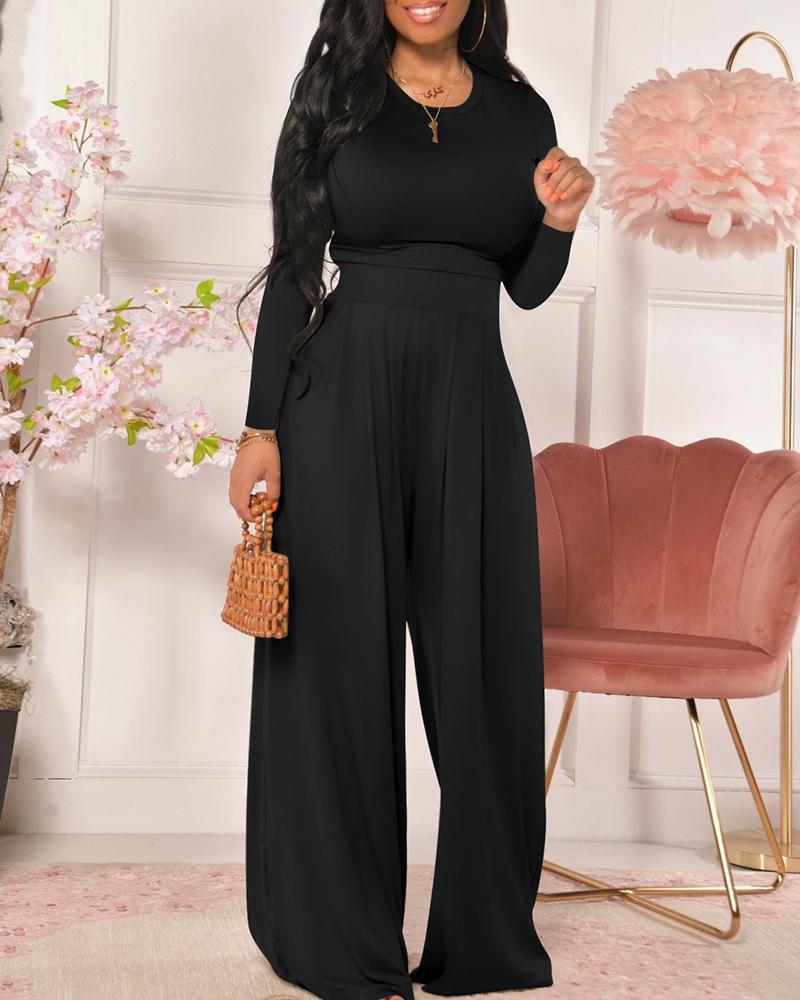

O Neck Long Sleeve Top & Wide Leg Pants Set, Black