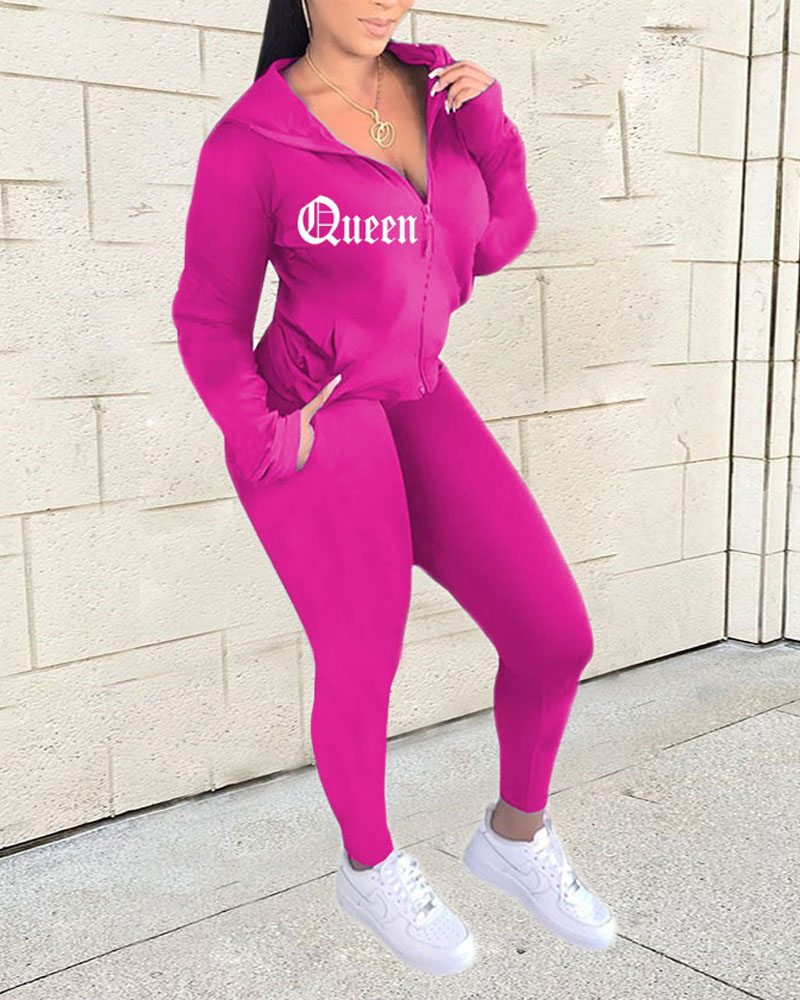 

Letter Print Zip Up Hooded Top & Pants Set, Hot pink
