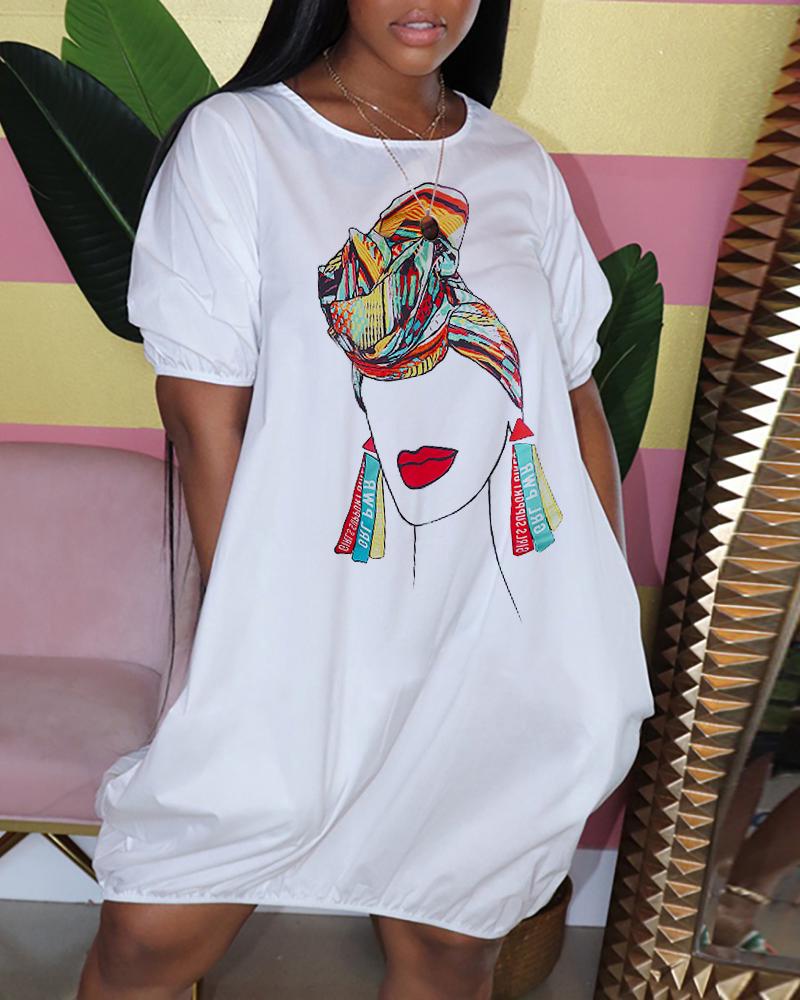 

Figure Print Short Sleeve Casual T-shirt Dress, White