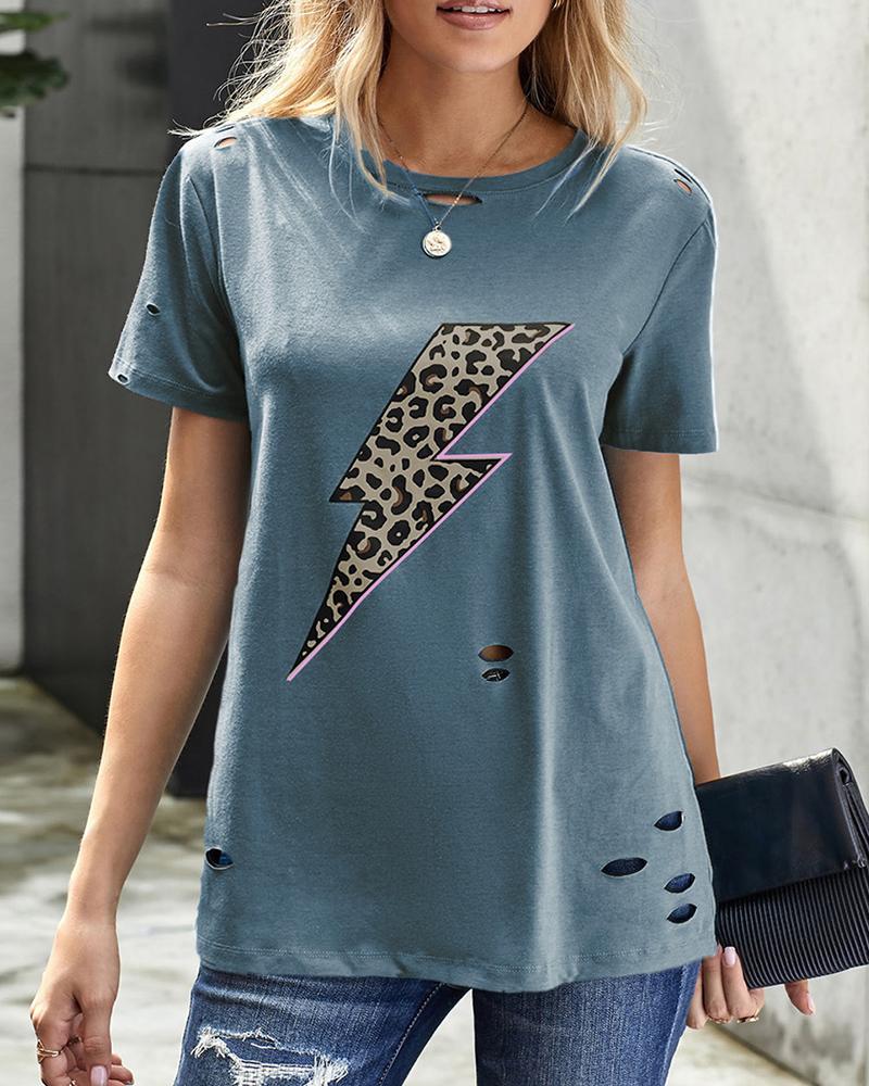 

Cutout Lip / Cheetah Thunder Print Short Sleeve T-Shirt, Blue