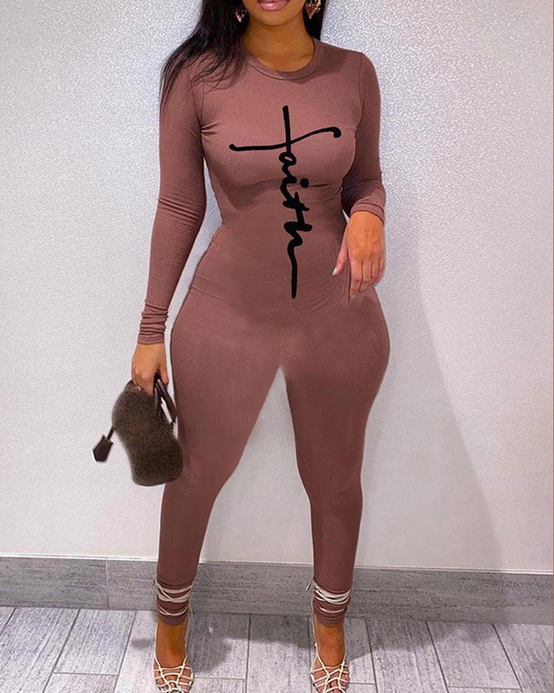 

Ribbed Letter Print Long Sleeve Skinny Jumpsuit, Coffee