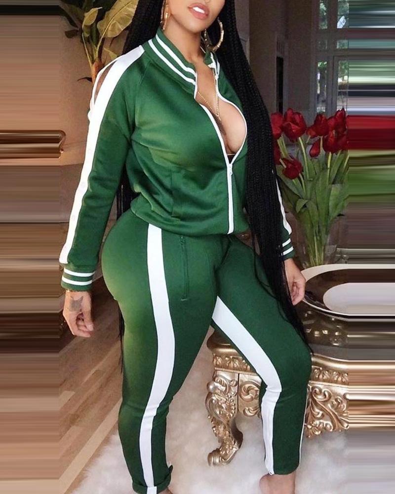 

Contrast Paneled Baseball Jacket & Drawstring High Waist Pants Set, Green