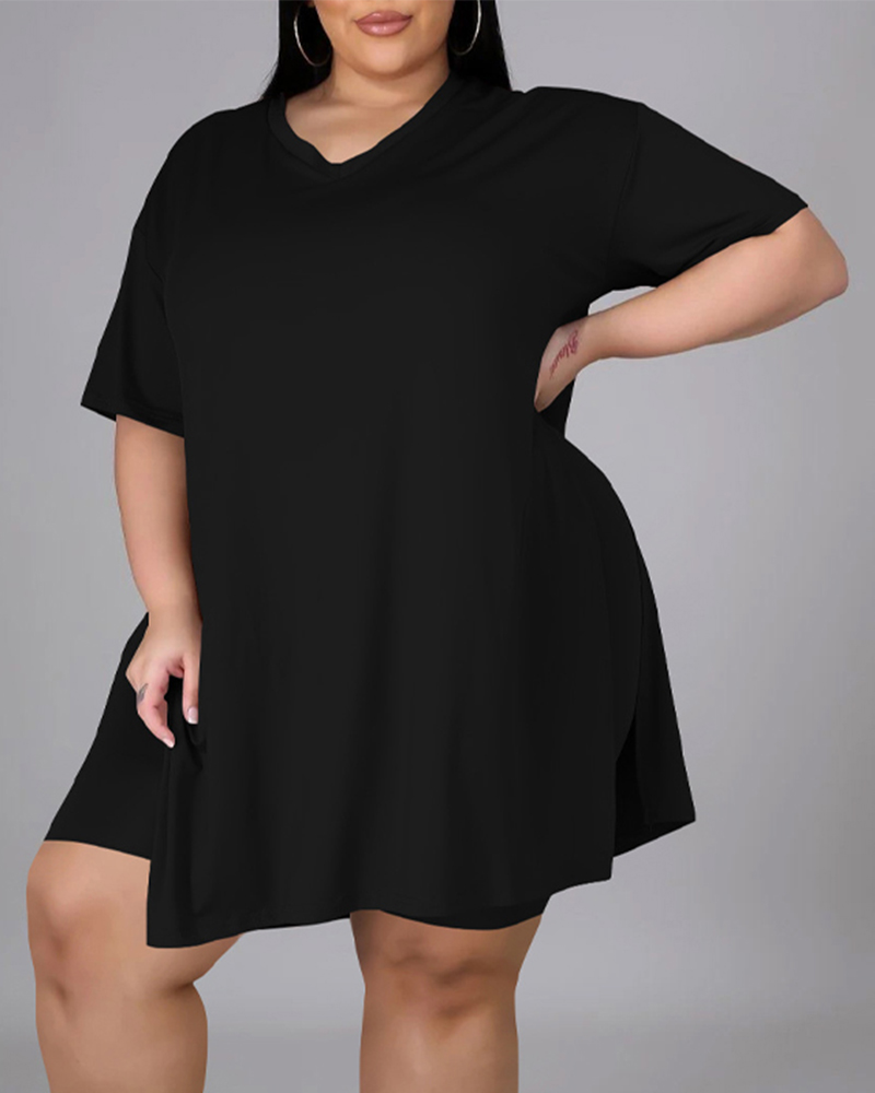 

Plus Size Split Hem Casual Top & Shorts Set, Black