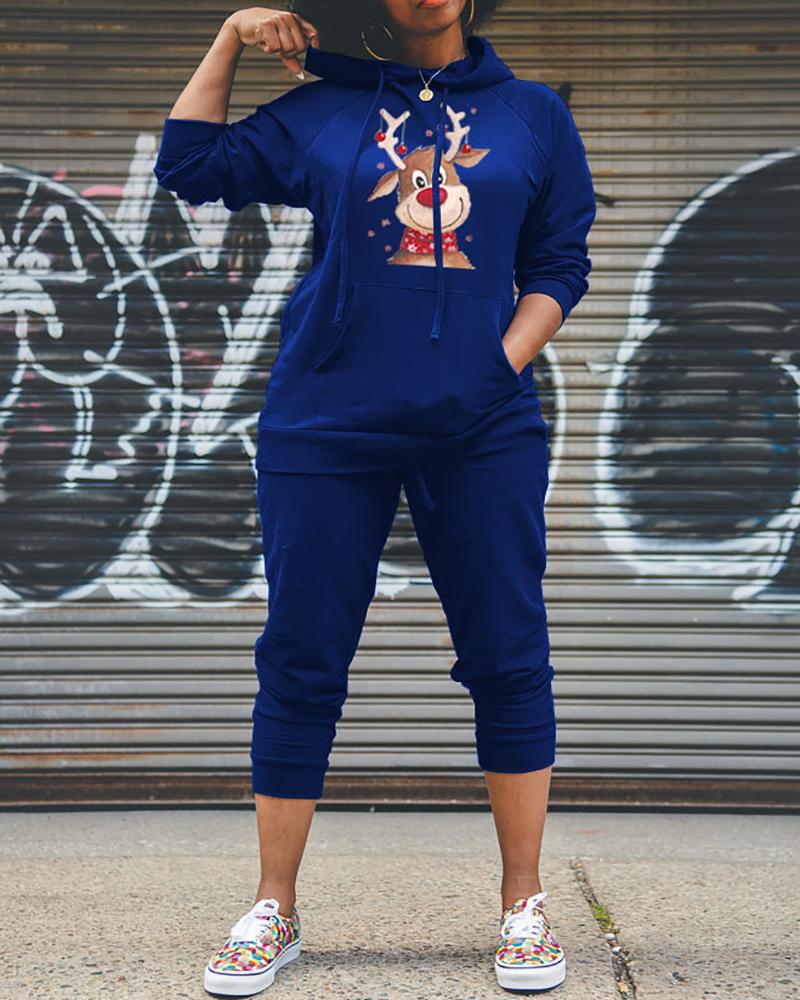 

Christmas Elk Print Pocket Design Hooded Sweatshirt & Pants Set, Blue