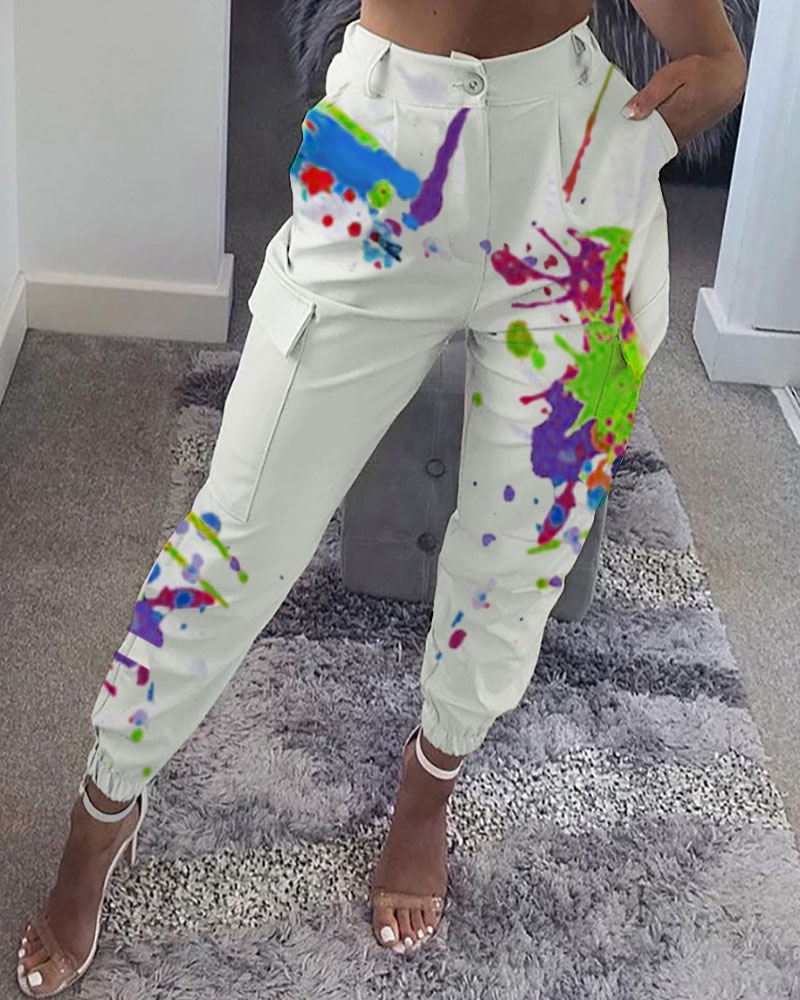 

Ink Splash Print Pocket Design High Waisted Casual Pants, White