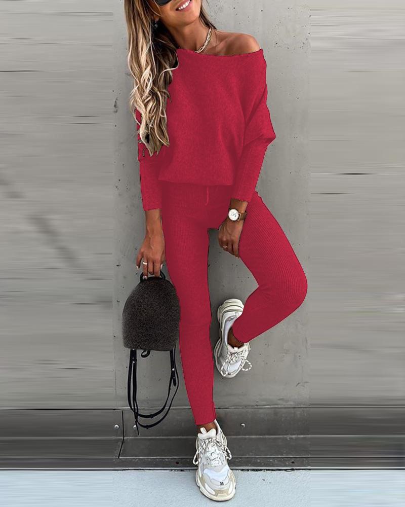 

Batwing Sleeve Casual Top & High Waist Drawstring Pants Set, Wine red