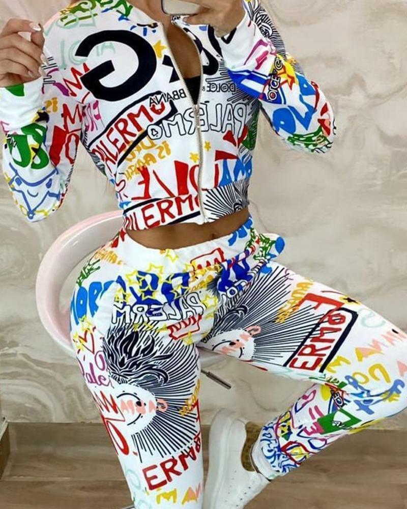 

Letter Graphic Print Zipper Crop Top & Cuff Pants Set, Multicolor