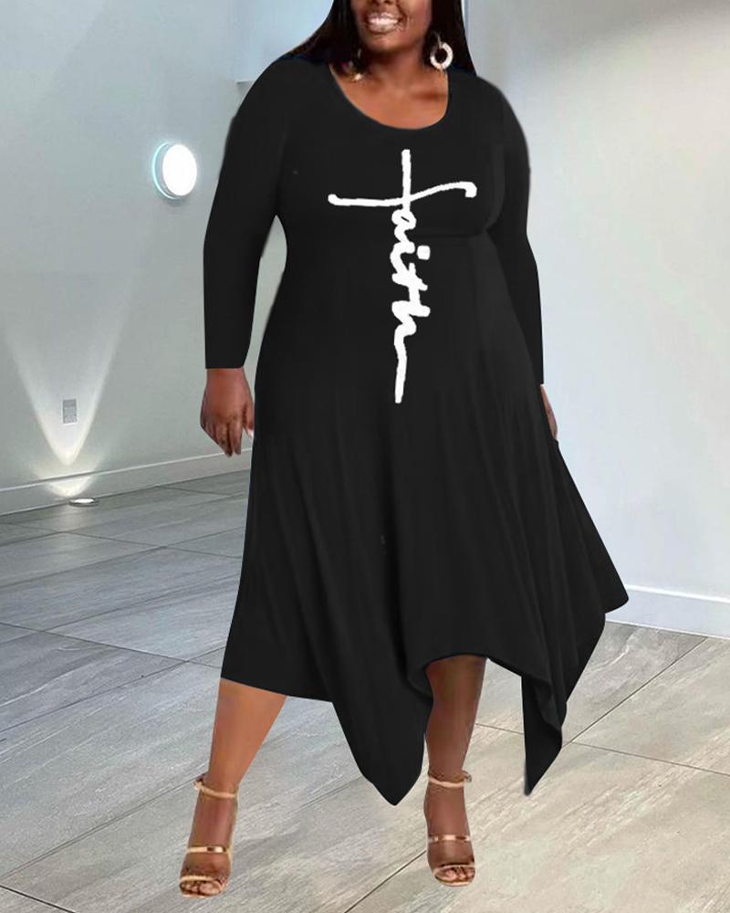 

Plus Size Letter Print Asymmetrical Hem Casual Dress, Black