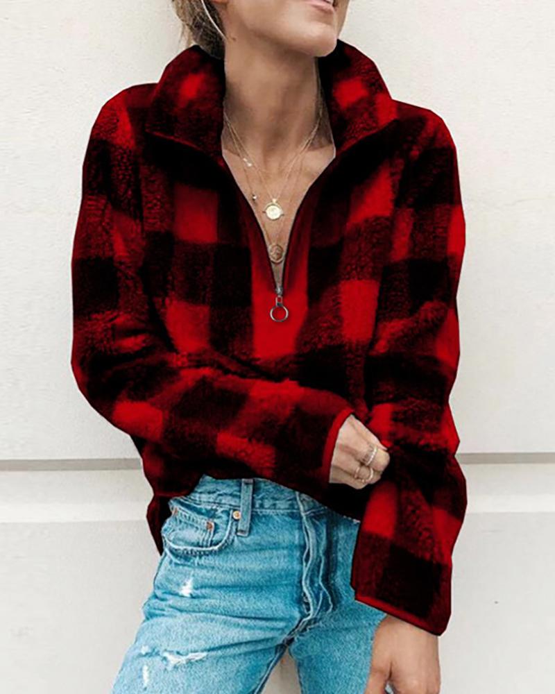 

Zipper Design Long Sleeve Fluffy Plaid Sweatshirt, Wine red