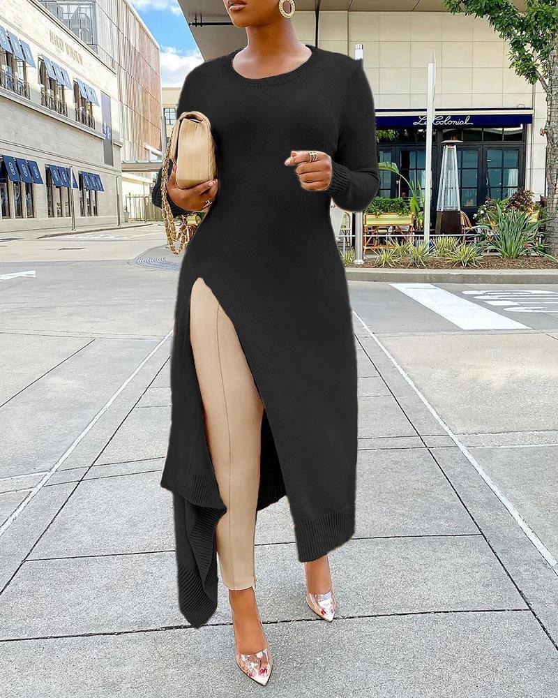 

Ribbed High Slit Plain Sweatshirt, Black