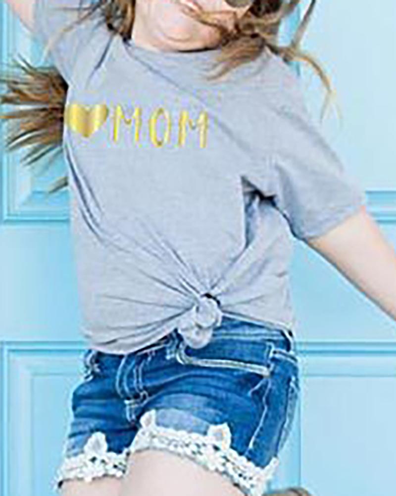 

Mommy & me Bronzing Letter Heart Print Short Sleeve T-shirt For Kids, Gray