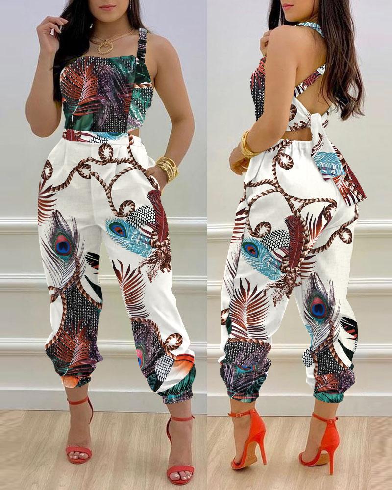 

Peacock Print Crisscross Backless Jumpsuit, Multicolor