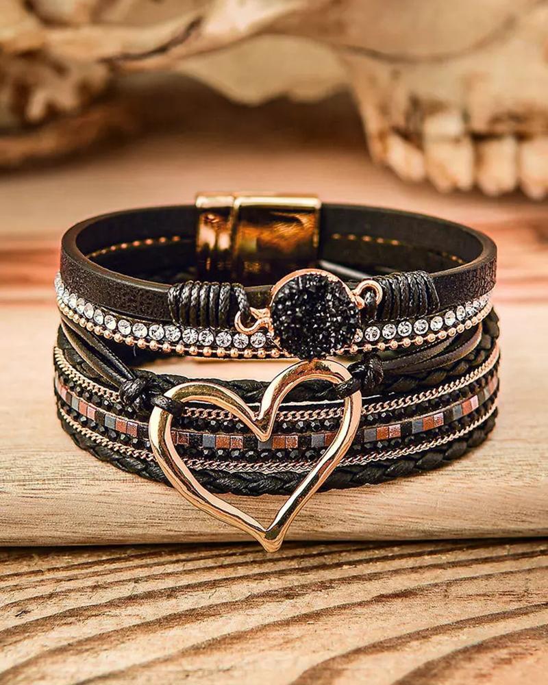 

1pc Tribal Multi-layer Heart Pattern Rhinestone Magnet Wide Bracelet, Black
