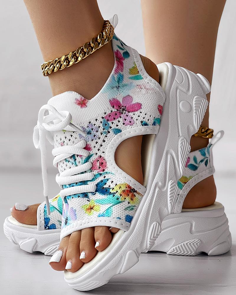 

Floral Print Hollow Out Lace-up Wedge Sandals, Multicolor