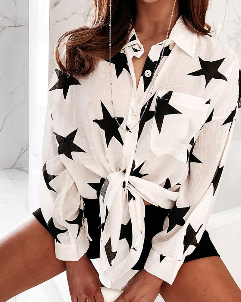 

Star Print Button Pocket Design Shirt, White