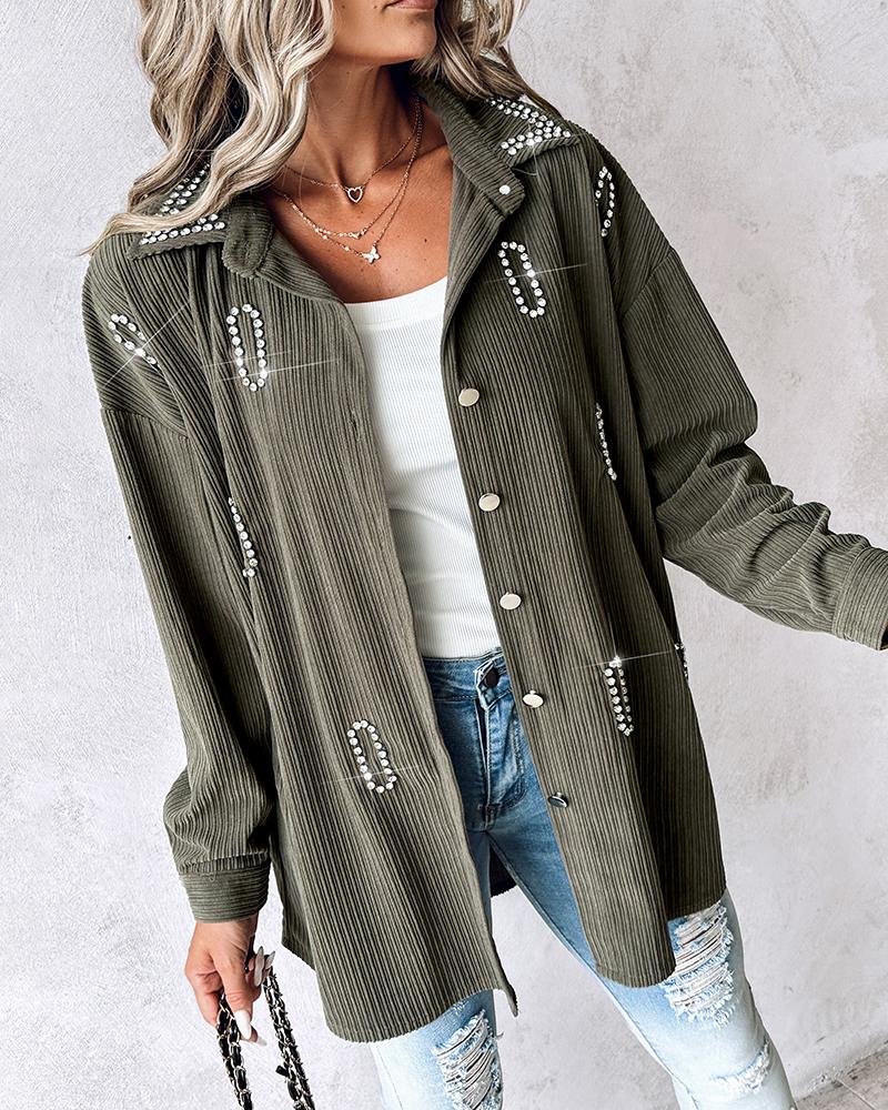 

Turn-down Collar Rhinestone Decor Shirt Jacket Shacket, Gray
