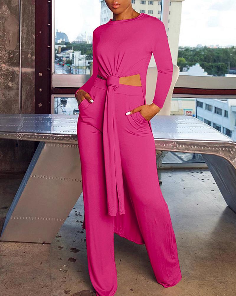 

Plain Long Sleeve Slit Top & Wide Leg Pants Set, Hot pink