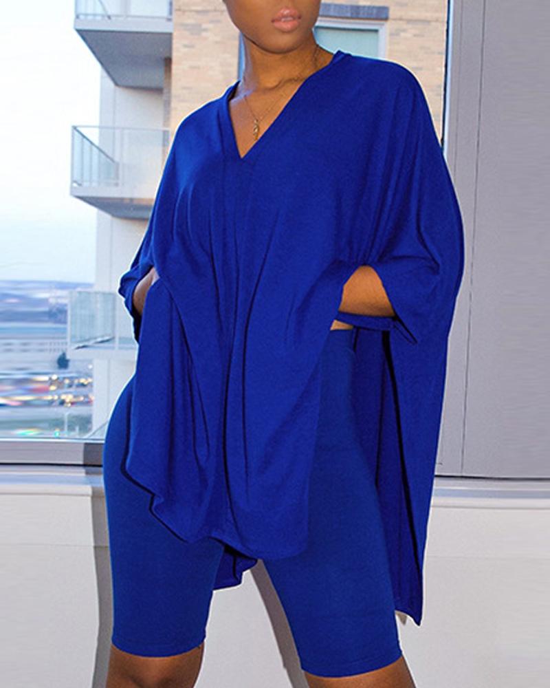 

Batwing Sleeve Split Hem Asymmetrical Top & Shorts Set, Blue