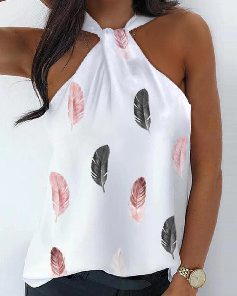 

Feather Print Halter Casual Tank Top, White