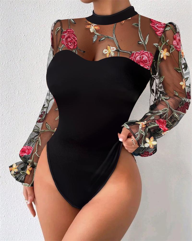 

Body de malla transparente con bordado floral, Black