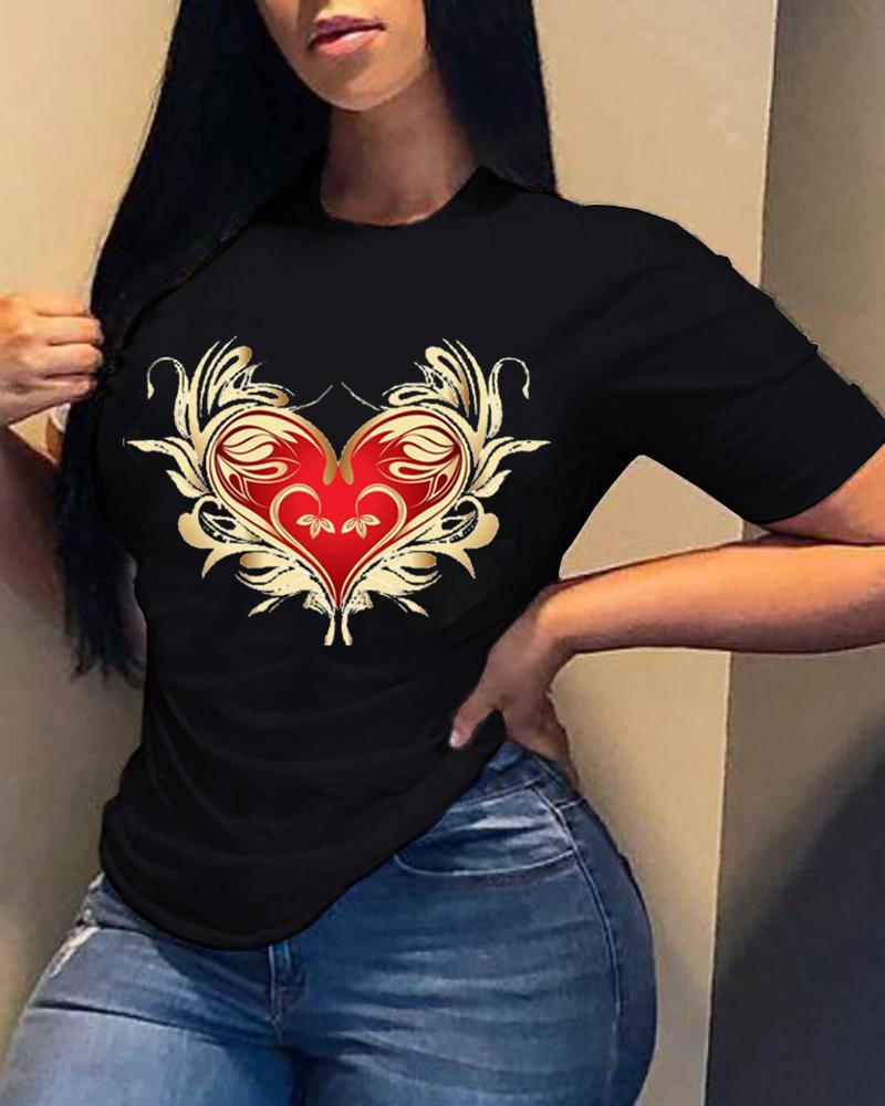 

Heart Print Short Sleeve T-shirt, Black