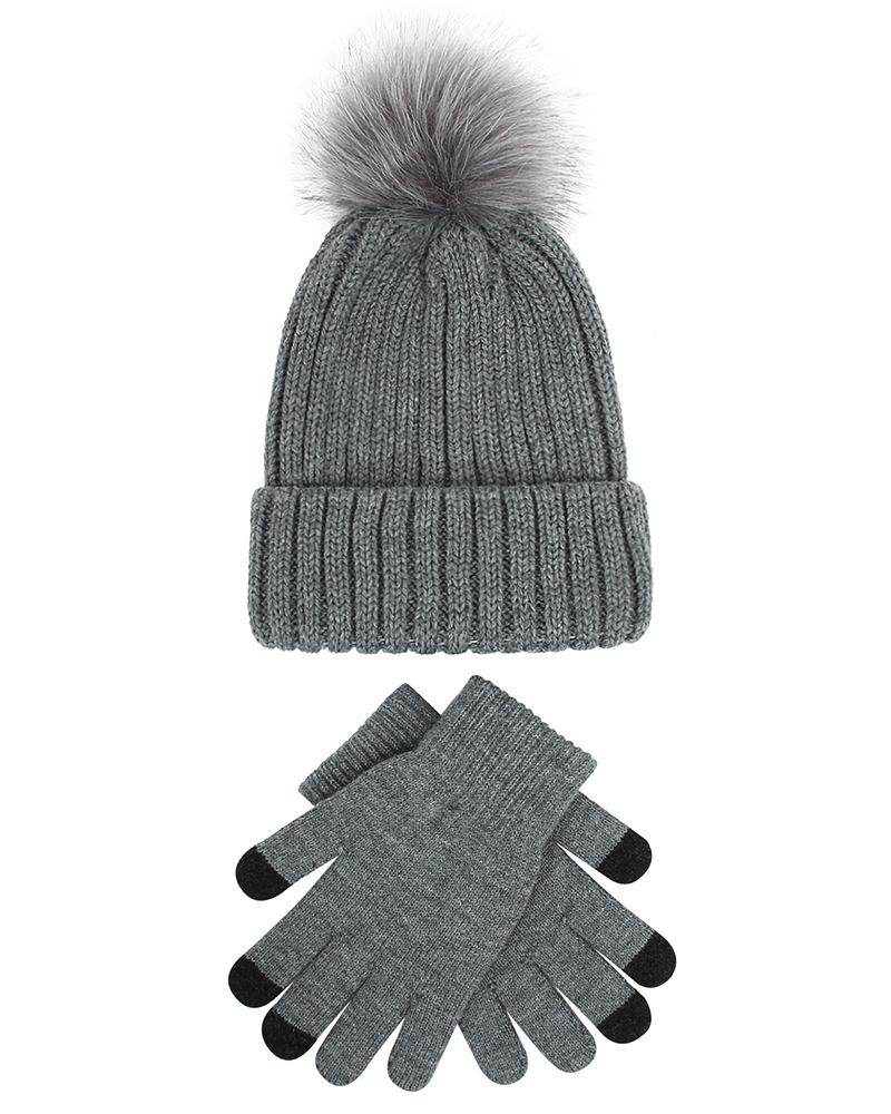 

2PCS Women's Beanie Slouchy Outdoor Home Daily Knit Portable Windproof Comfort Pom Pom Hat & Telefingers Gloves Set, Gray